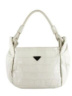 Auth PRADA Handbag Off White Embossed Leather/Silvertone - z10198